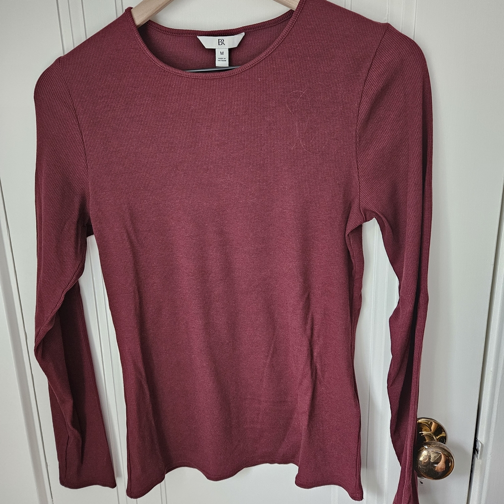 Banana Republic Ribbed Crew-neck Long Sleeve T-shirt In Burgundy- Women's Size M